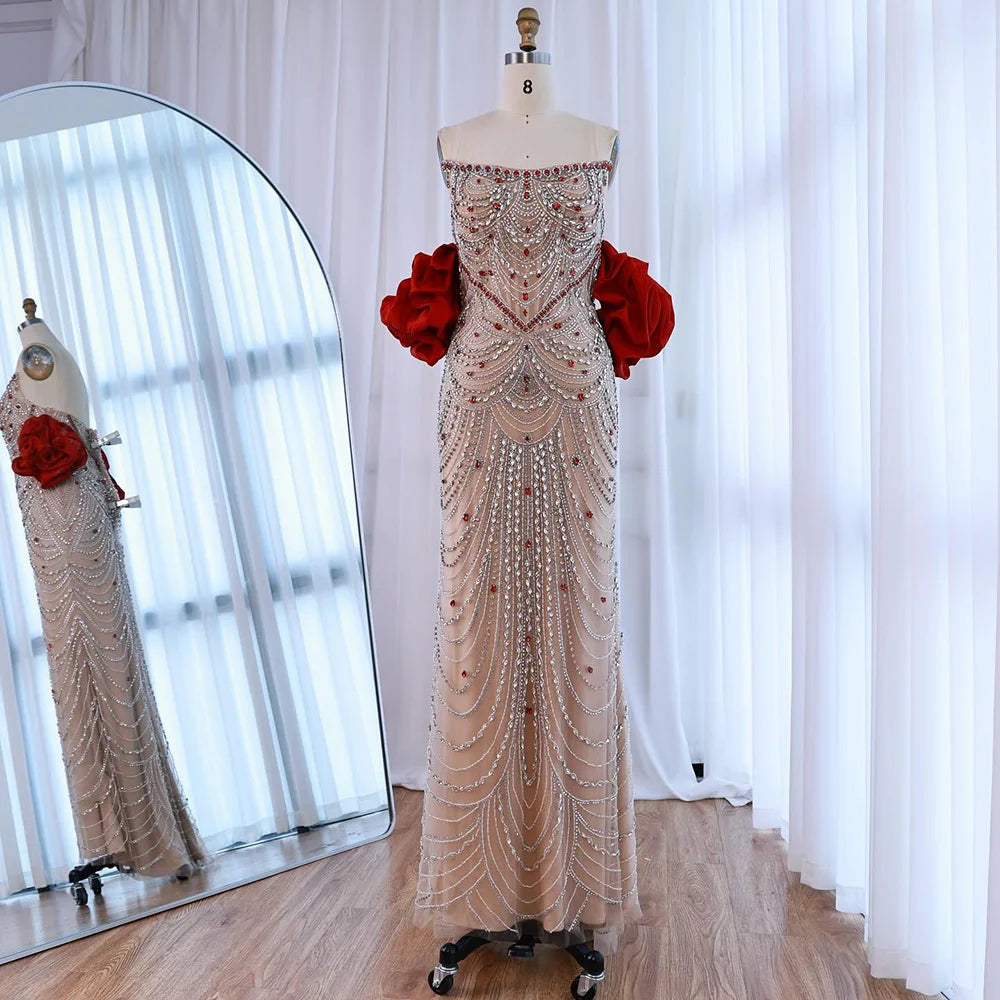 Luxury Beaded Evening Dress Puff Sleeves Pearl Adorned LA72903