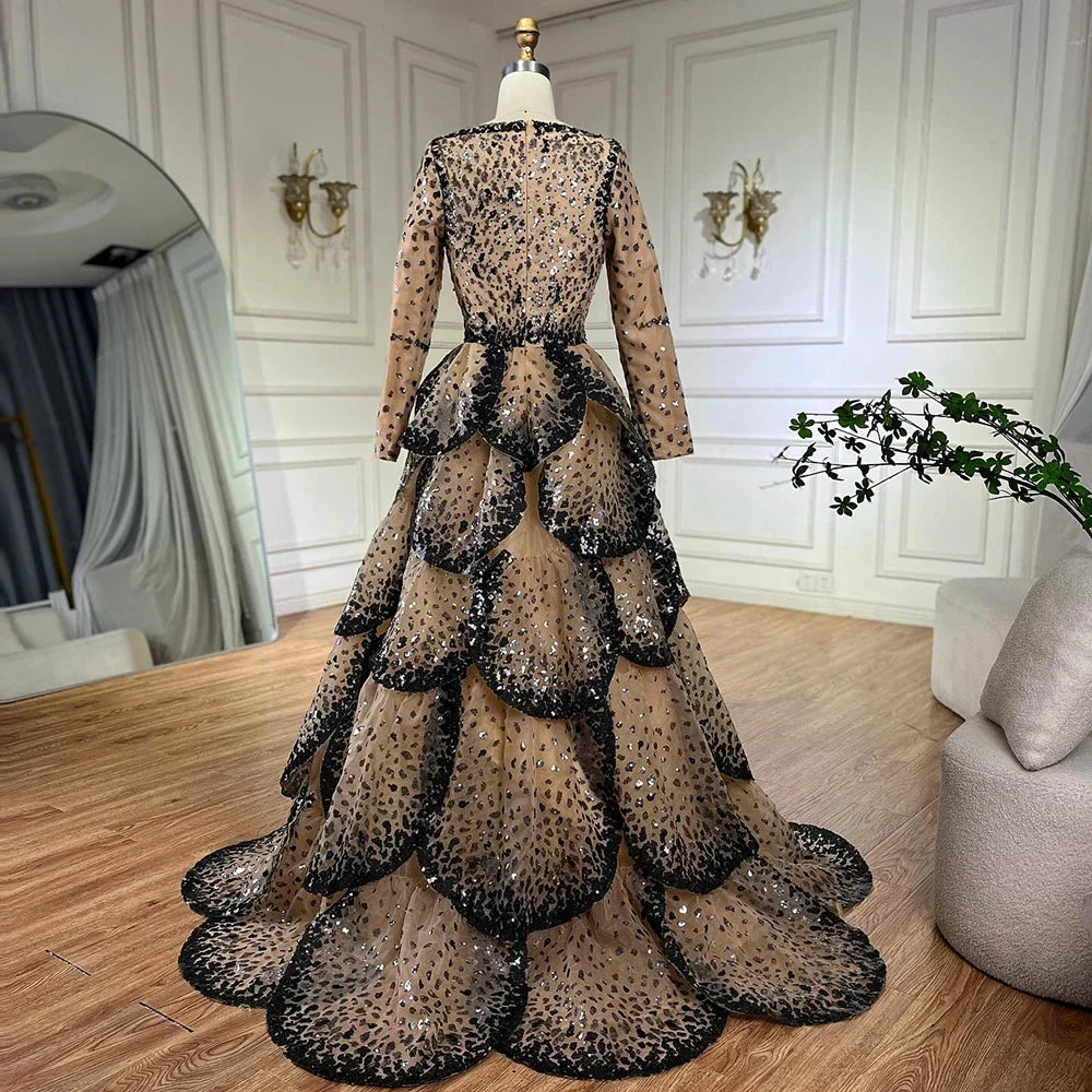 Luxury Black Nude Sequin Evening Dress with Long Sleeves LA72505B