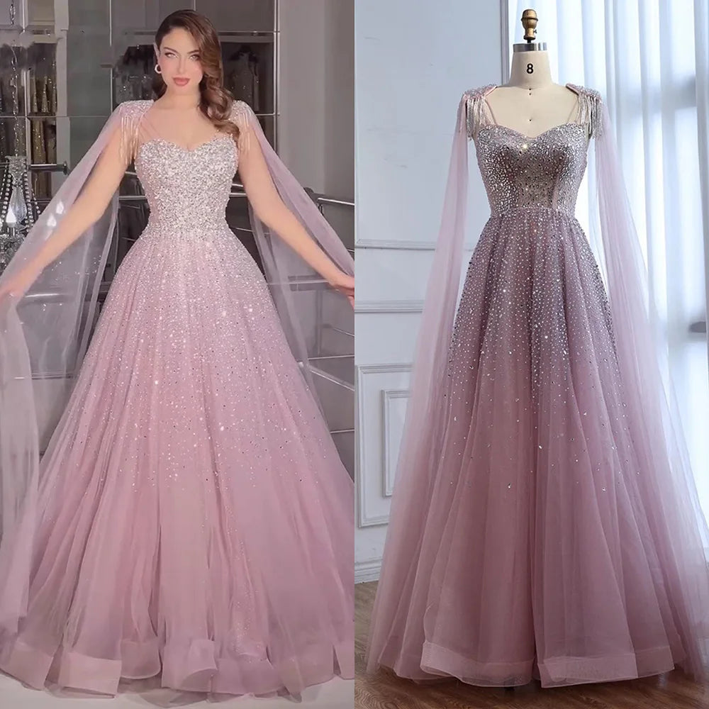 Luxury Pink Tulle Beaded A-Line Evening Dress with Cape Sleeves LA73072