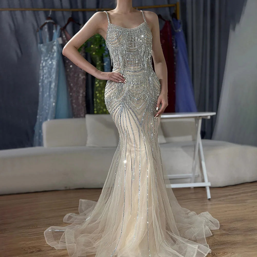 Luxury Dubai Silver Nude Spaghetti Strap Mermaid Evening Dress Gown with Luxury Beaded Tassels for Formal Occasion LA72772