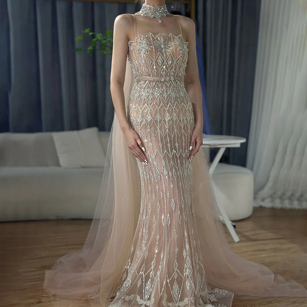 Luxury Nude Beaded Mermaid Evening Dress with Cape LA72711