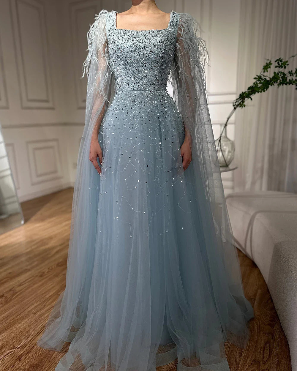 Luxury Blue A-Line Feathers Beaded Evening Dress with Cape Sleeves LA71782A
