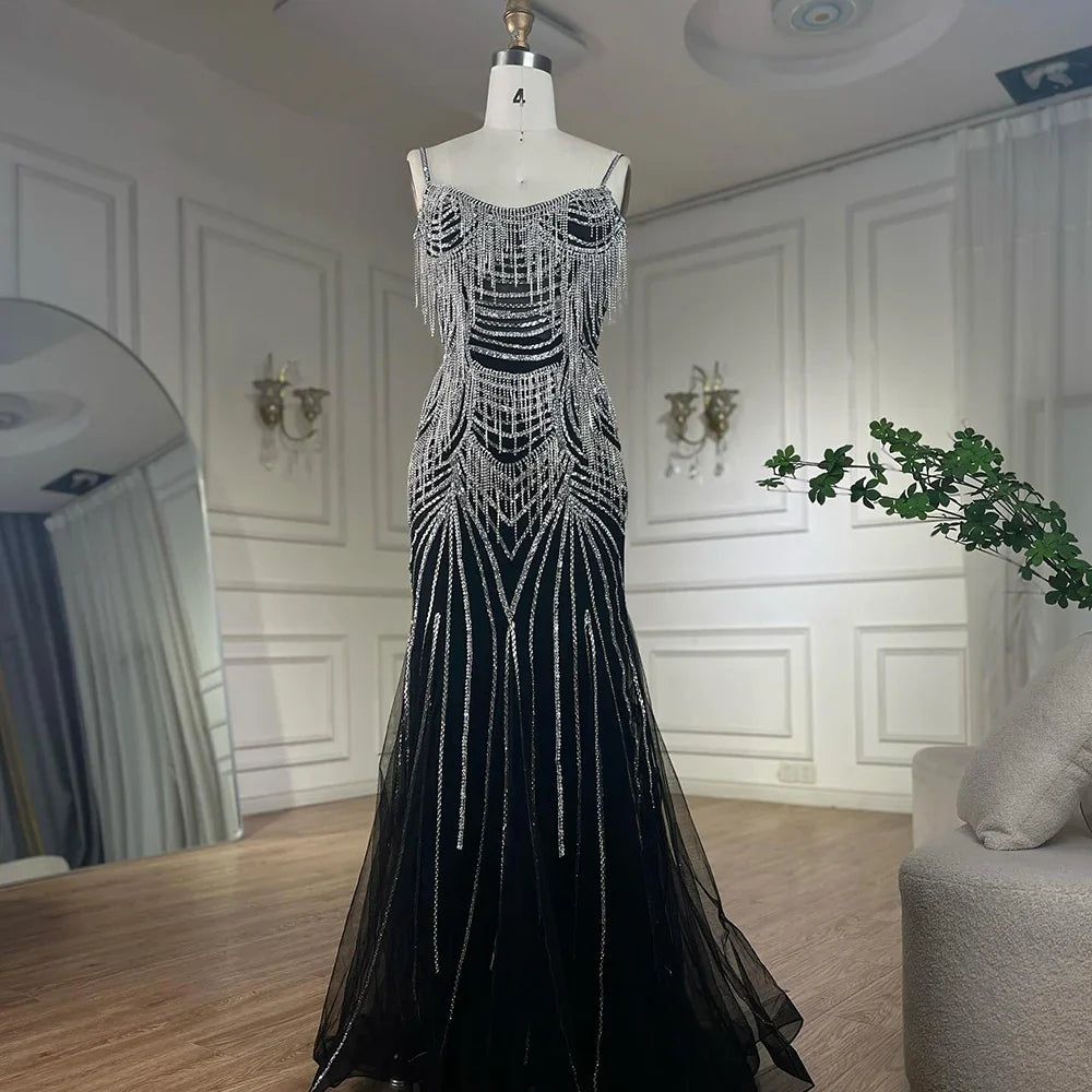 Luxury Dubai Silver Nude Spaghetti Strap Mermaid Evening Dress Gown with Luxury Beaded Tassels for Formal Occasion LA72772