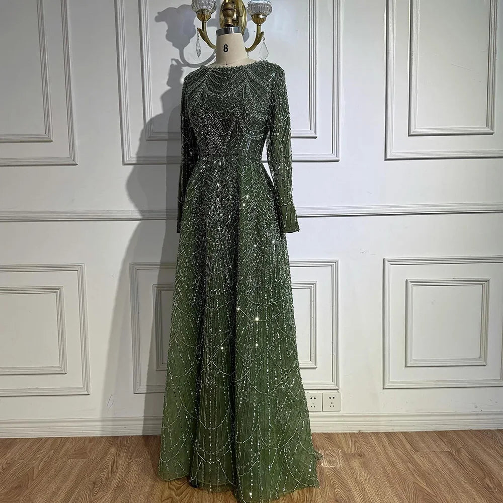 Luxury Olive Green Beaded A-Line Modest Evening Dress LA72738B