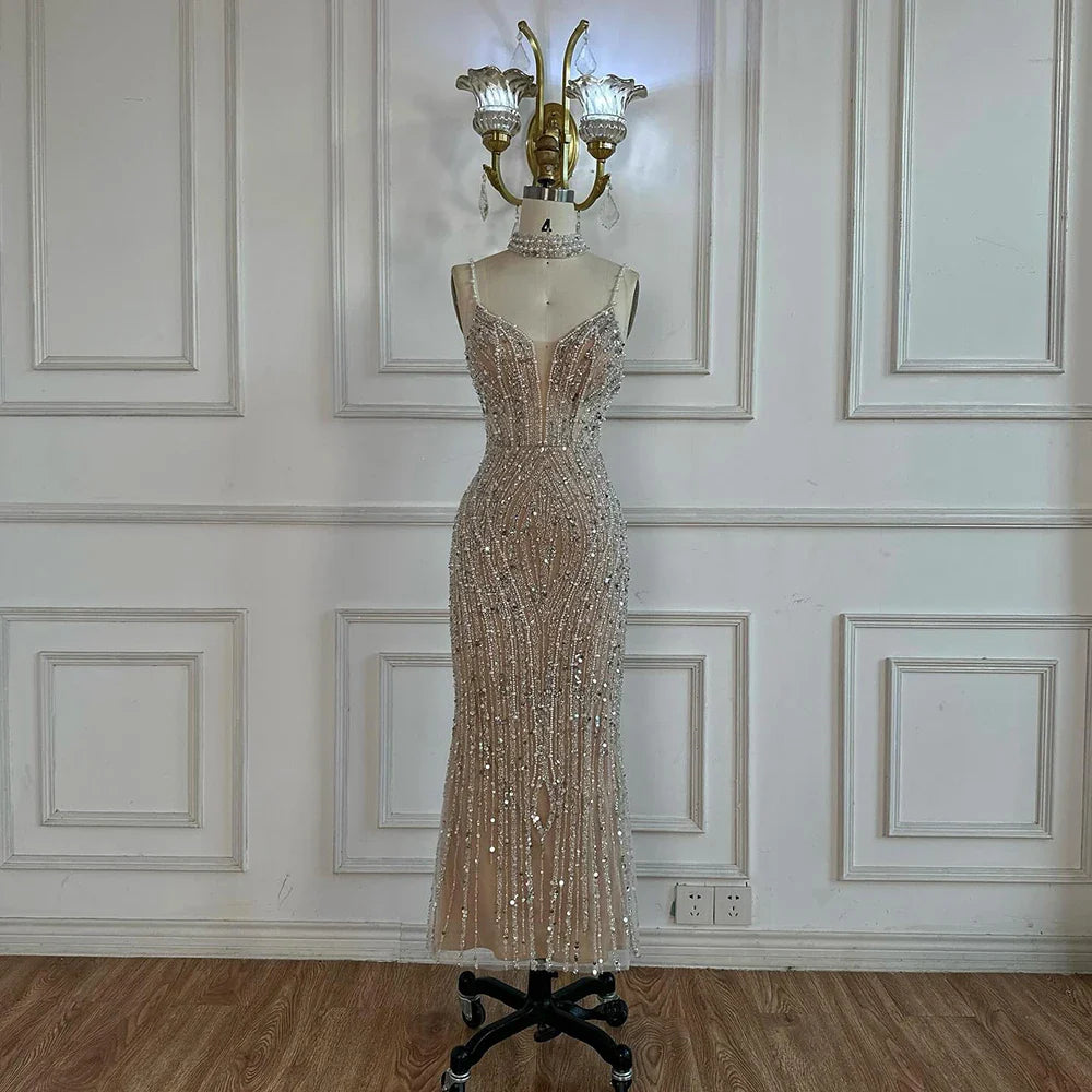 White Nude Beaded Evening Dress with Spaghetti Straps LA72047D