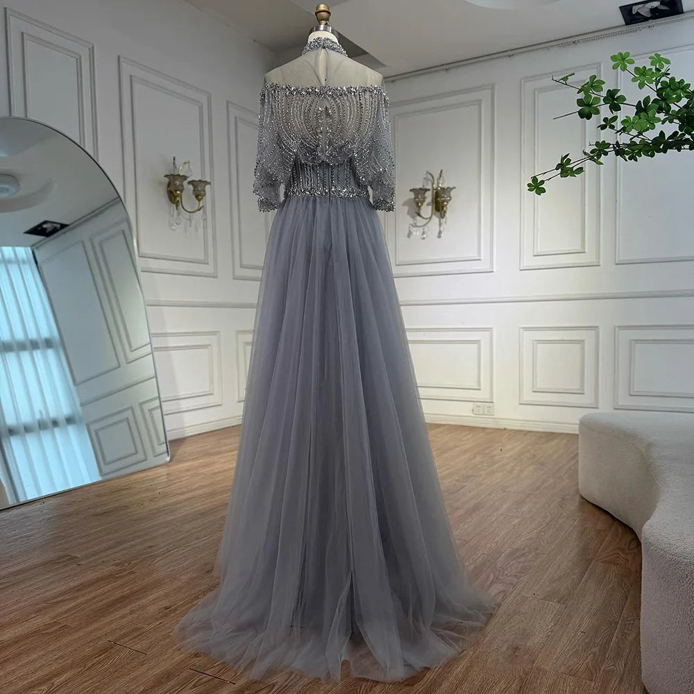 Luxury Gray Beaded Evening Dress with Overskirt LA73129