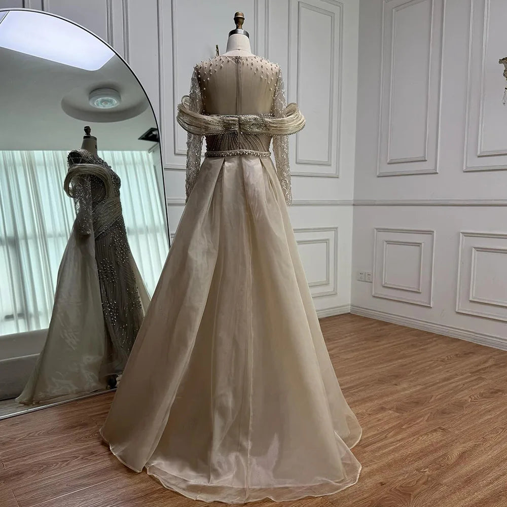 Luxury Nude Beaded Mermaid Evening Dress with Overskirt LA72932