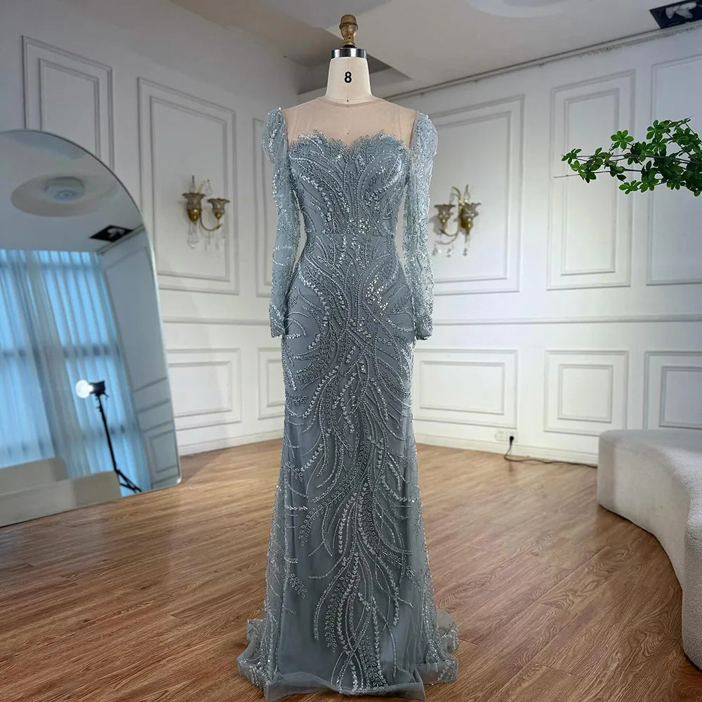 Luxury Sage Green Beaded Evening Dress with Detachable Overskirt LA73066