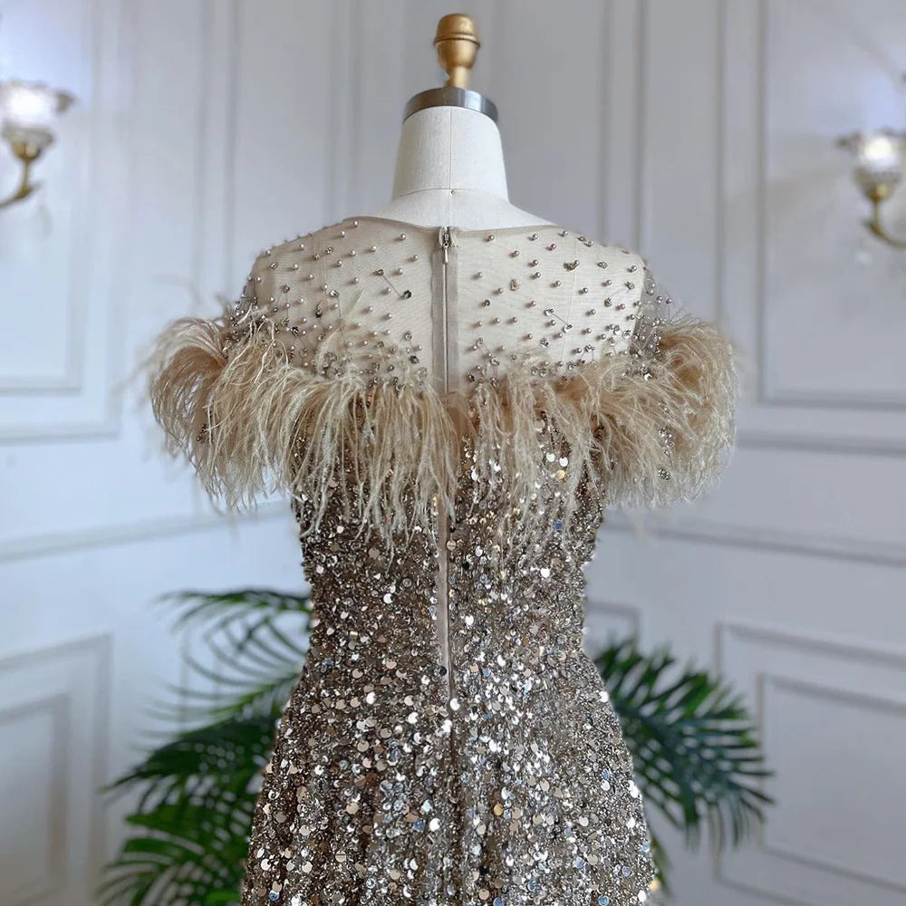 Luxury Caramel Feather Beaded A-Line Evening Dress LA71720