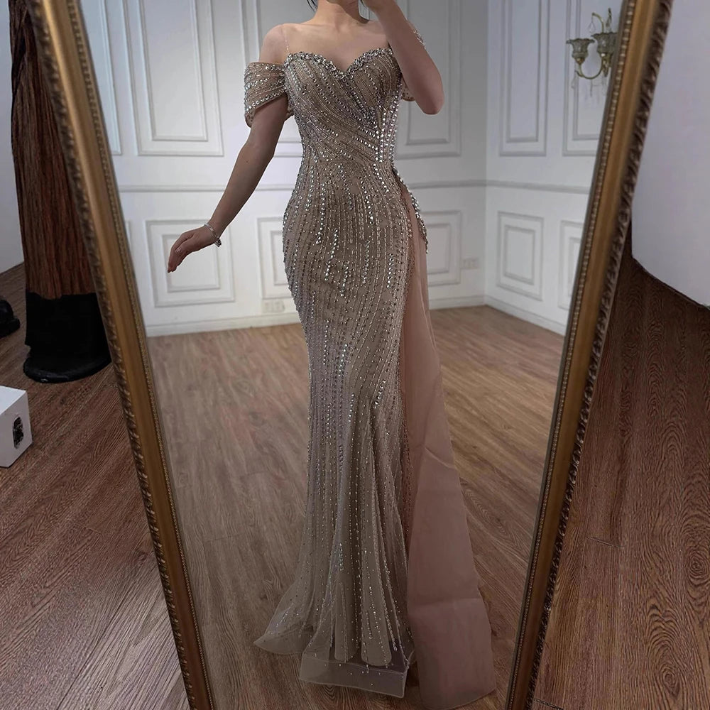 Luxury Nude Beaded Mermaid Evening Dress with Overskirt LA72911