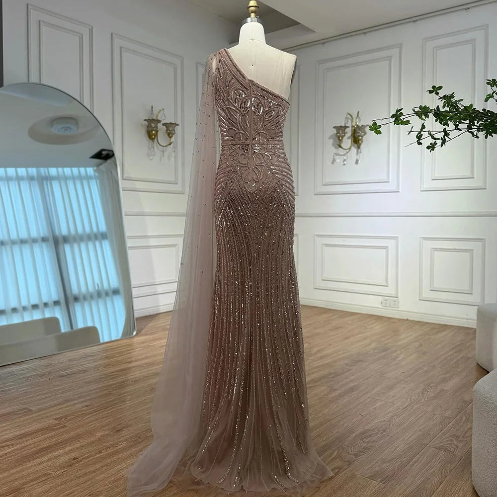 Luxury Caramel Beaded Mermaid Evening Dress with One Shoulder Cape LA73085