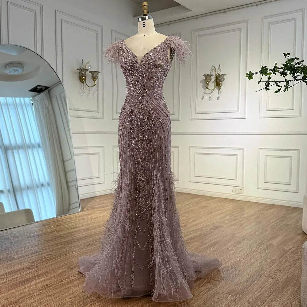Luxury Designer Pink Feather Beaded Mermaid Evening Dress LA73098
