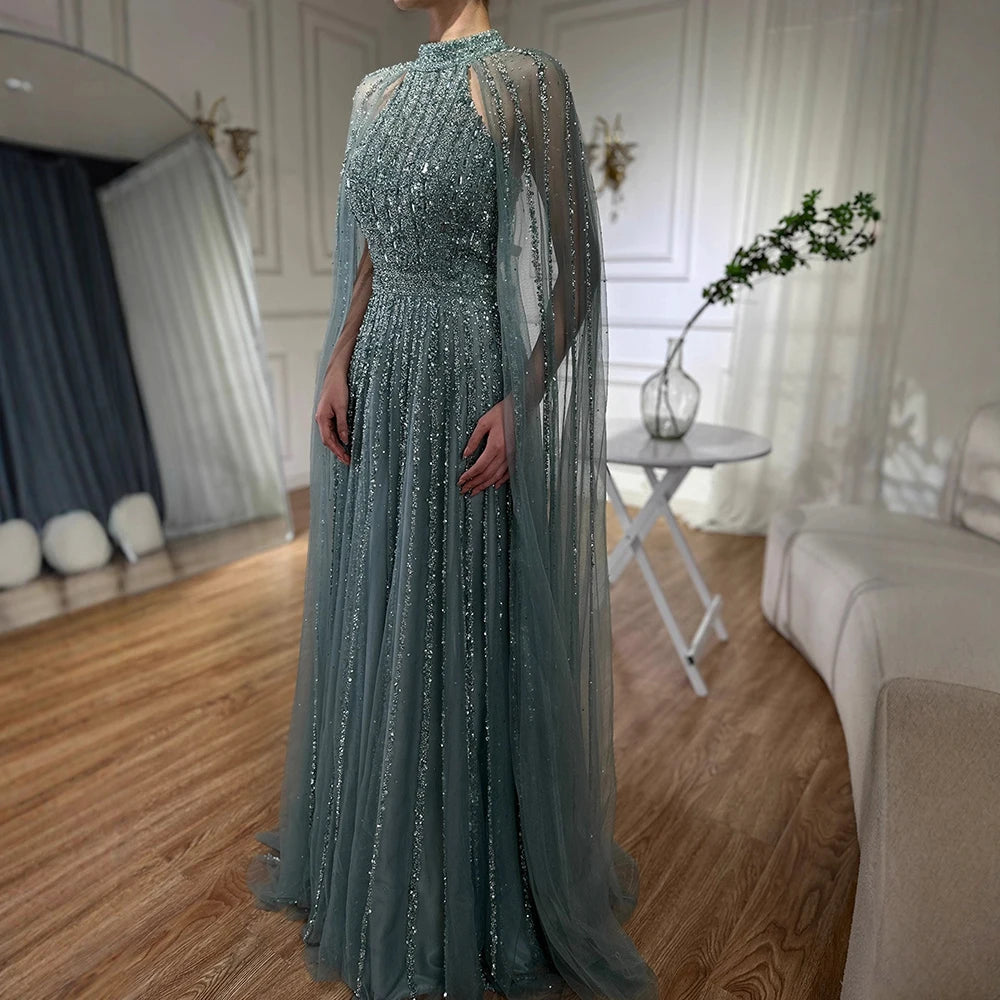 Luxury Caramel A-Line Cape Sleeve Beaded Evening Dress LA72306B