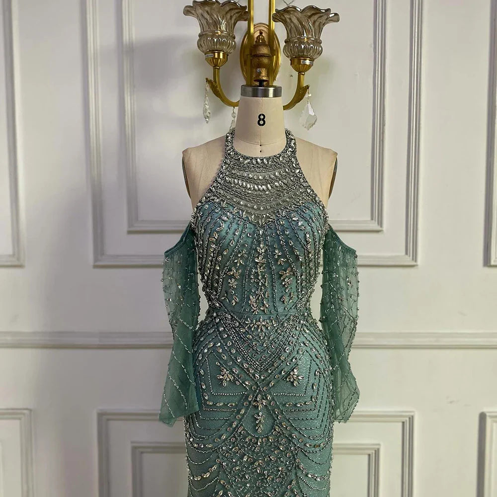 Luxury Turquoise Mermaid Evening Dress Detachable Sleeves LA72925