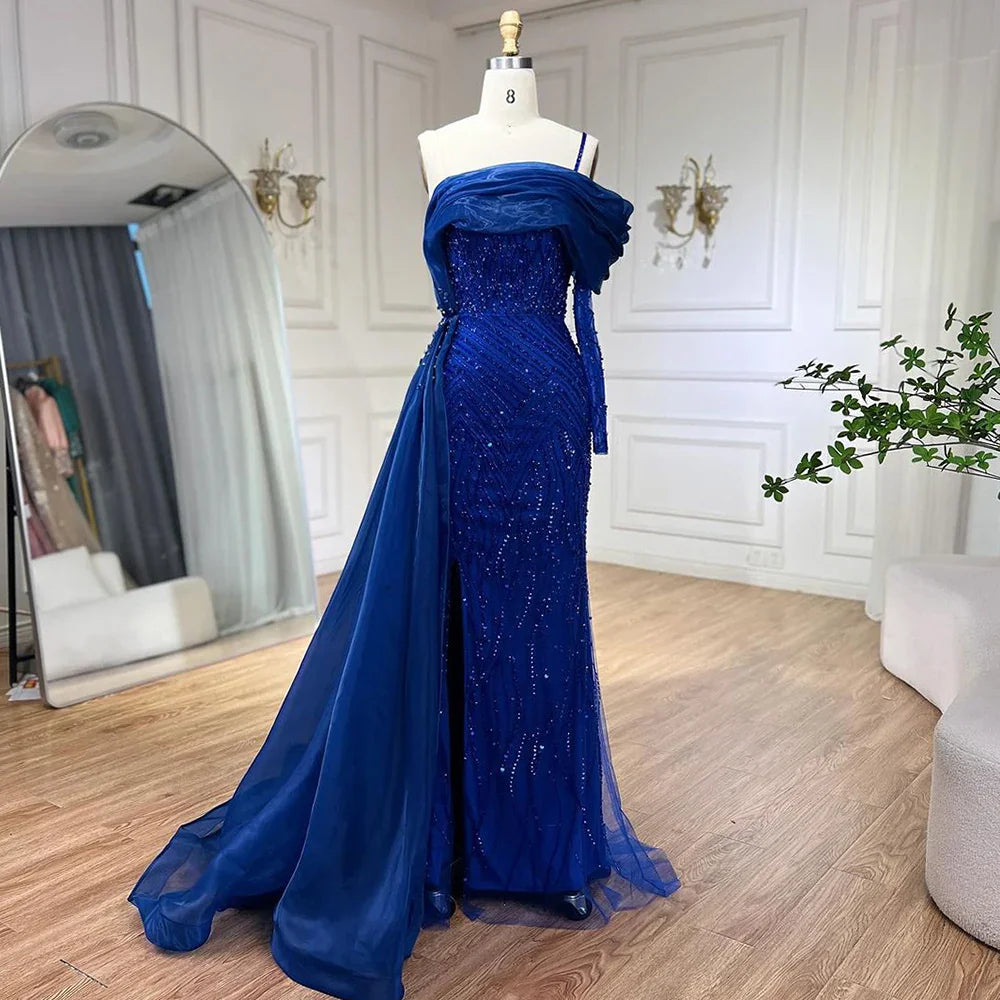 Serene Hill Blue Mermaid Elegant One Shoulder Evening Dresses Gowns Luxury Pearls Beaded For Women Wedding Party 2025 LA72244