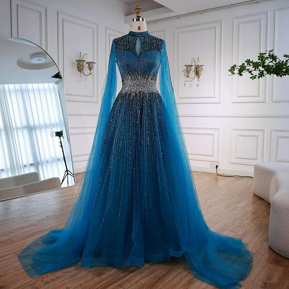 Luxury Modest Blue Beaded Evening Dress with Cape LA73059