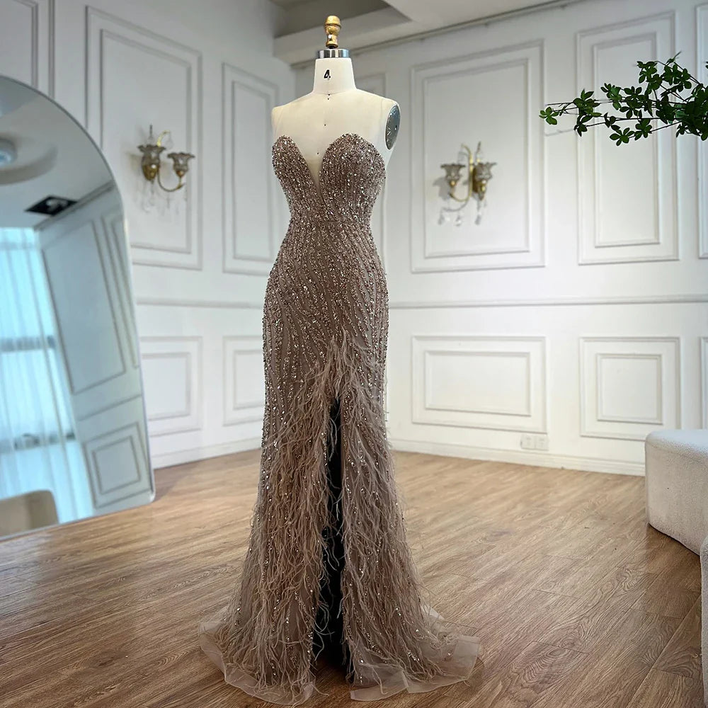 Luxury Blue Feather Beaded Evening Dress with Side Skirt LA72695