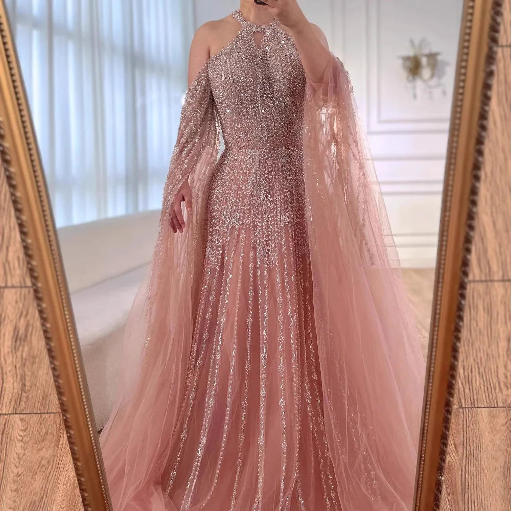 Luxury Turquoise Beaded A Line Evening Dress with Cape Sleeves LA72820