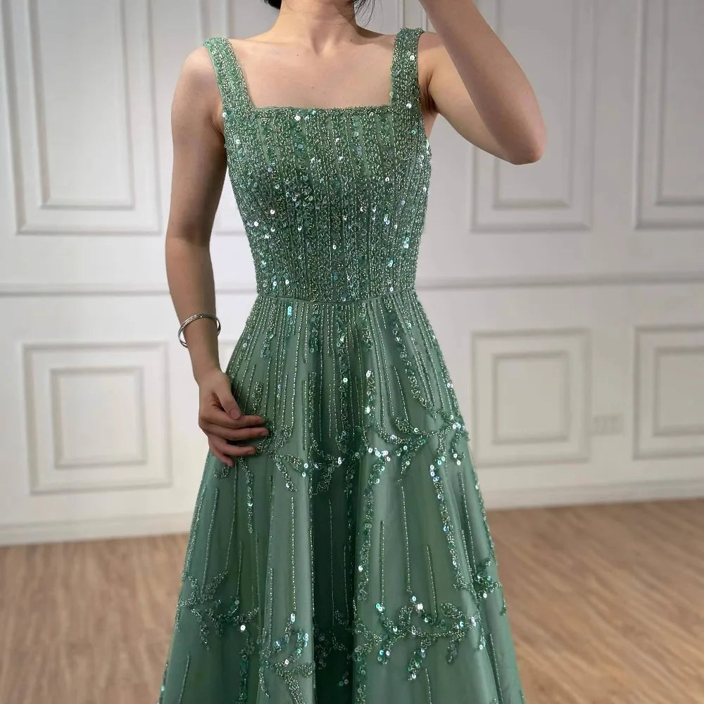Elegant Sage Green Beaded A-Line Evening Dress LA73064