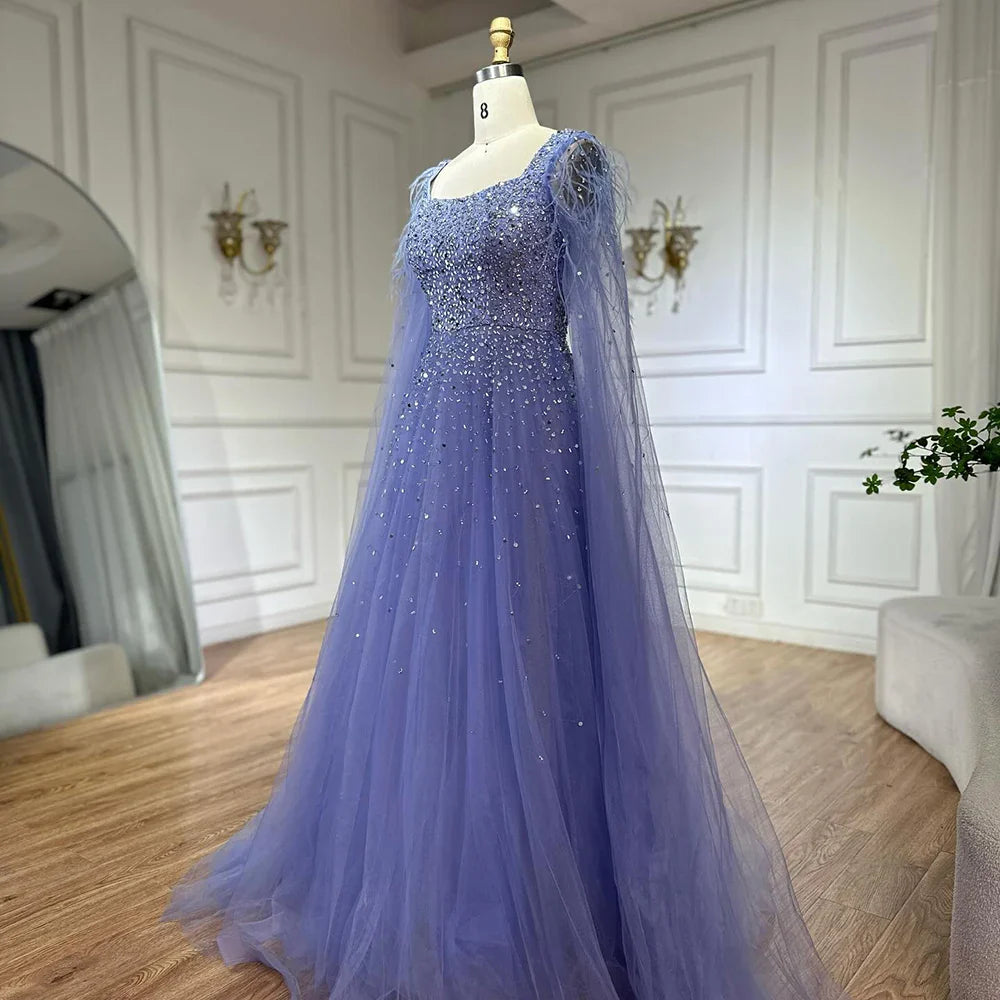 Luxury Blue A-Line Feathers Beaded Evening Dress with Cape Sleeves LA71782A