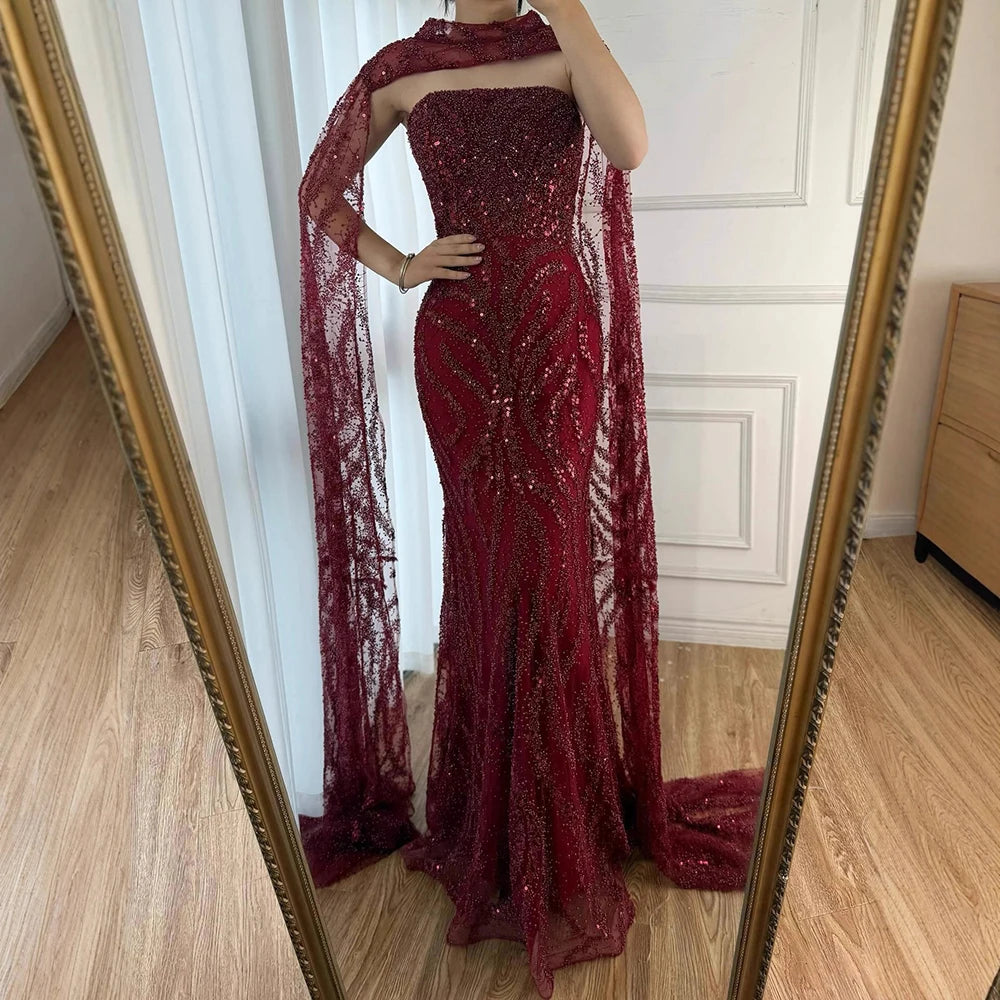 Luxury Nude Beaded Evening Dress with Cape Sleeves LA72824