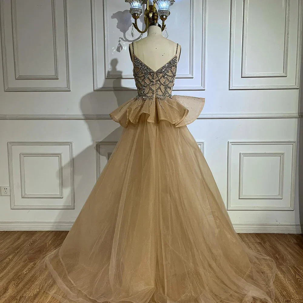 Luxury Dubai Nude Saudi Beaded Spaghetti Strap Evening Dresses Gowns with Overskirt for Formal Occasion LA72810