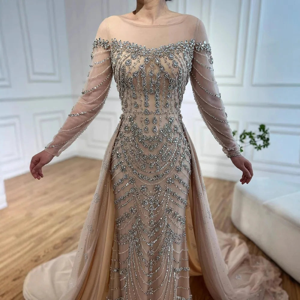 Luxury Off Shoulder Beaded Evening Dress with Long Sleeves and Train LA72930