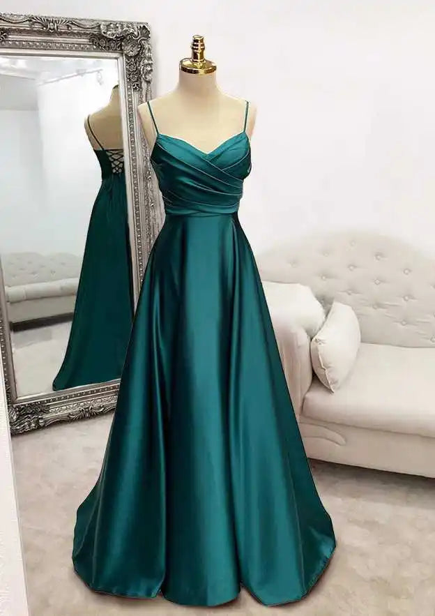 Serene Hill Arabic Green A-Line Spaghetti Straps Floor-Length Satin Prom Dress with Pleats for Women's Party LA72684