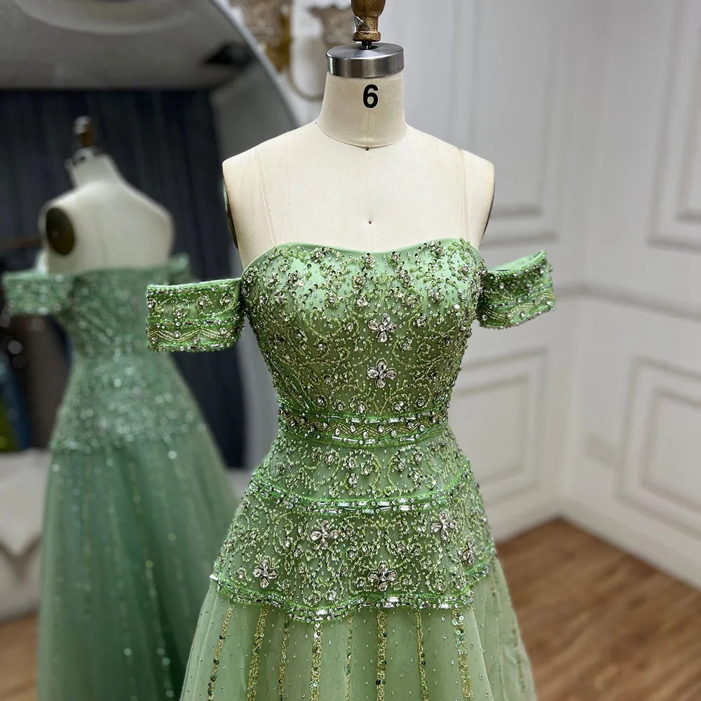 Serene Hill Off The Shoulder A-Line Caramel Beaded Luxury Evening Dress for Formal Occasion Saudi LA72709