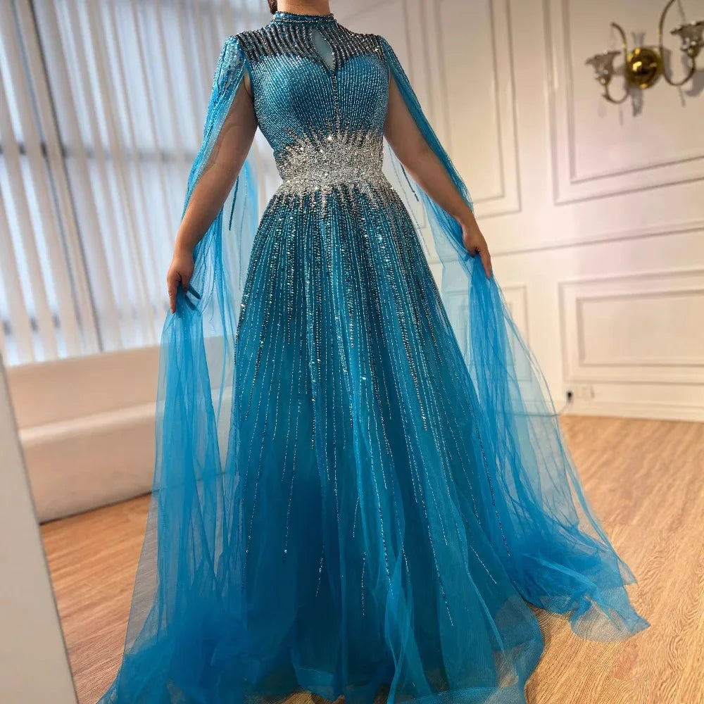 Luxury Modest Blue Beaded Evening Dress with Cape LA73059
