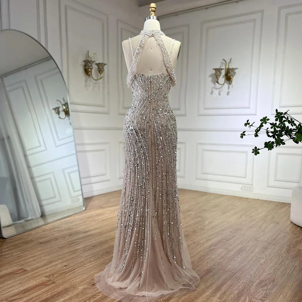 Luxury Silver Nude Beaded Evening Dress with Spaghetti Straps and High Slit LA72047C