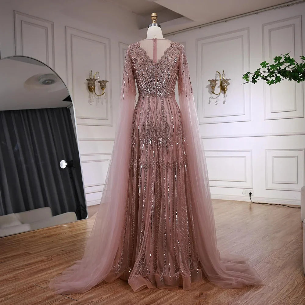 Elegant Beaded A-Line Evening Dress with Cape Sleeves LA73056