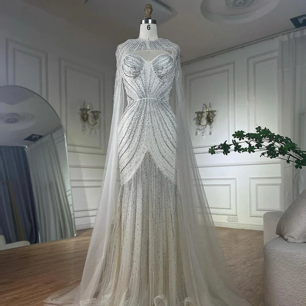 Luxury Dubai Arabic Blue Spaghetti Straps Beaded Evening Gown with Detachable Cape Dress for Formal Occasion LA72784