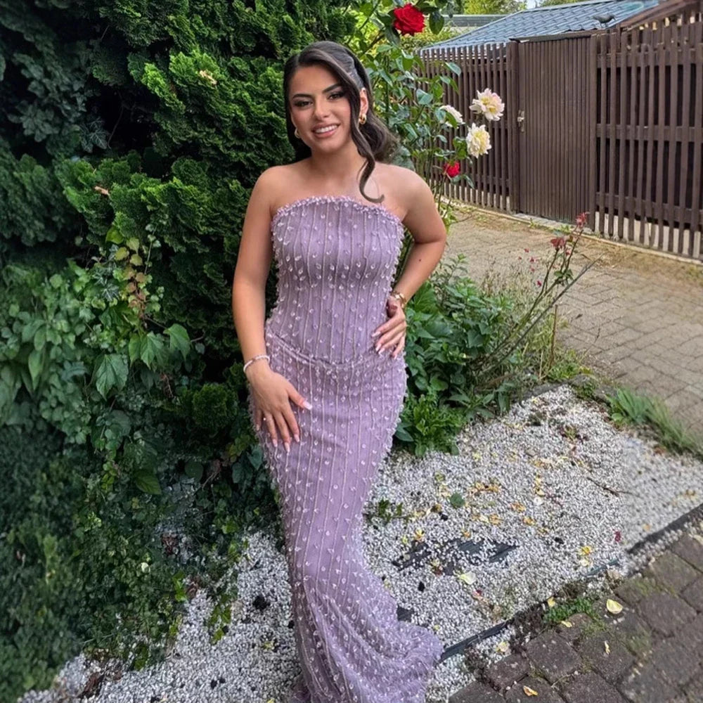 Elegant Crystal Beaded Strapless Lilac Mermaid Evening Gown LA72950
