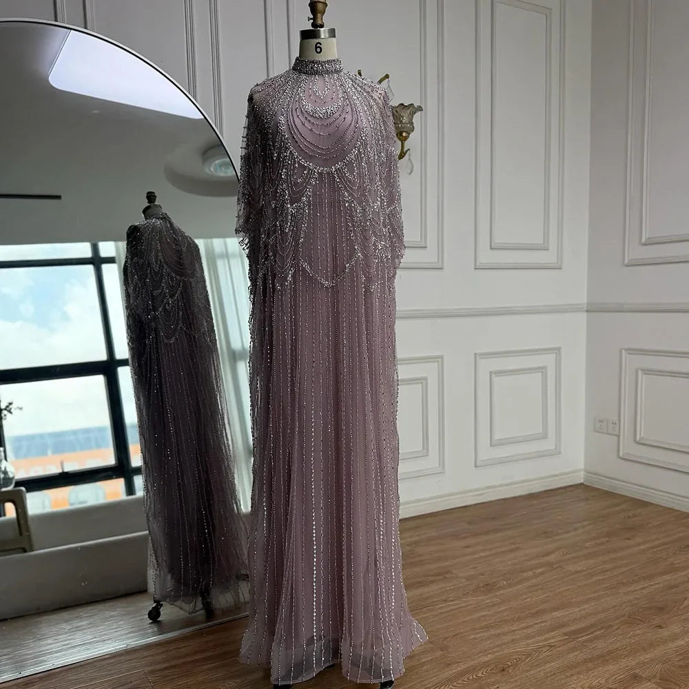 Luxury Silver Nude Beaded Mermaid Evening Dress with Cape LA72484A