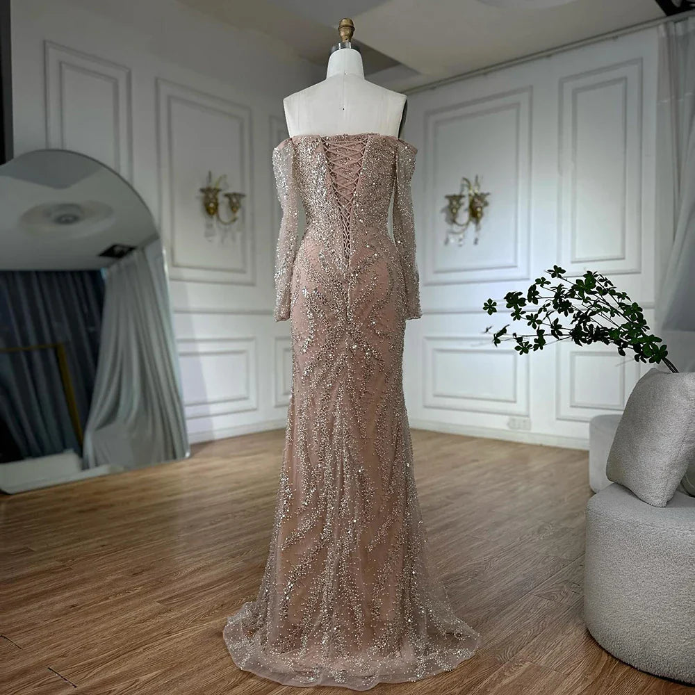 Luxury Beaded Evening Dress Off-Shoulder Long Sleeves Sequins LA72824A
