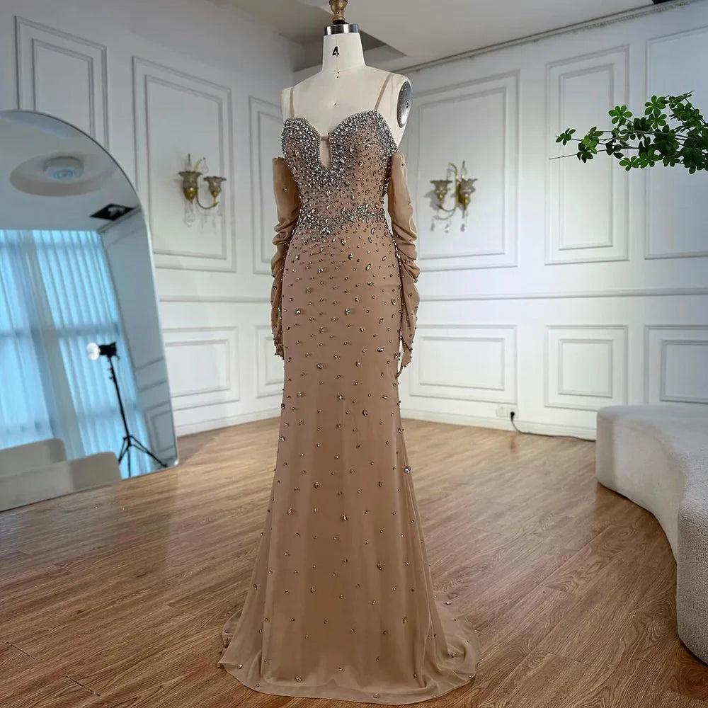 Luxury Nude Beaded Dress with Detachable Sleeves LA73065