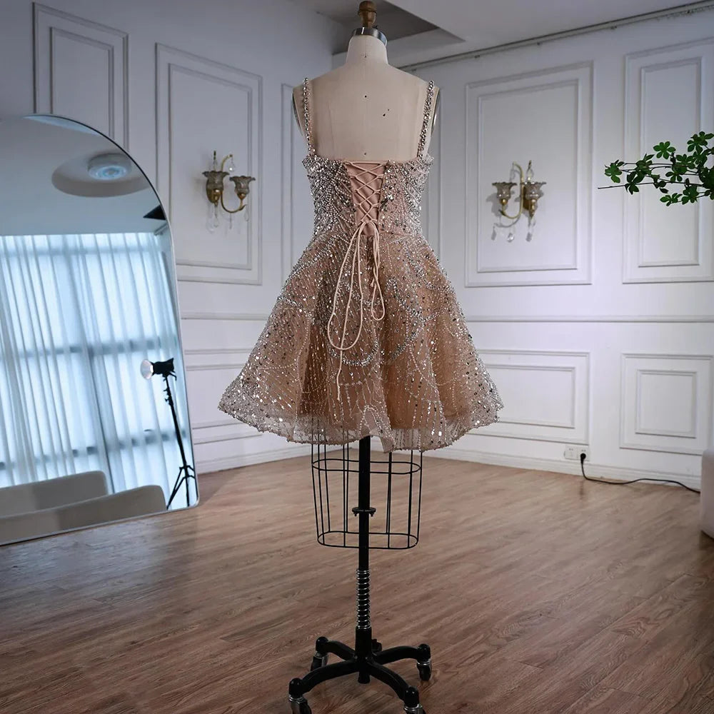 Luxury Nude Crystal Beaded A-Line Short Cocktail Party Dress LA72983
