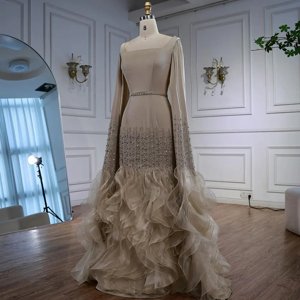 Elegant Nude Beaded Evening Dress with Cape Sleeves LA72317C