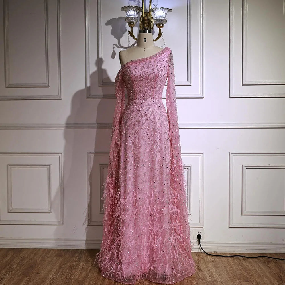 Luxury Feather One Shoulder Evening Dress with Cape Sleeves LA72763