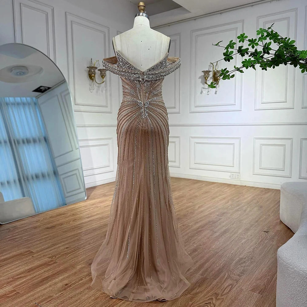 Luxury Nude Arabic Crystal Beaded Mermaid Off Shoulder Evening Dress LA73128