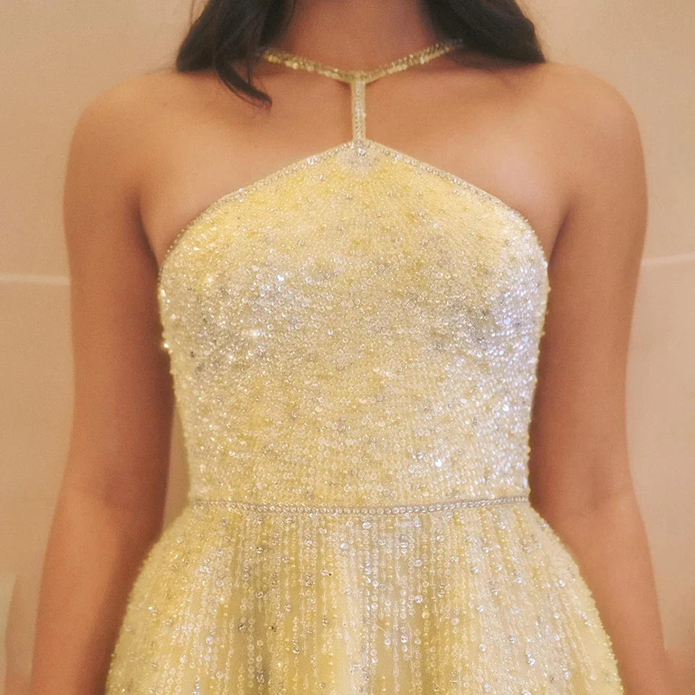 Sparkly Luxury Beaded Yellow Halter Evening Dress Gloves Saudi LA72948