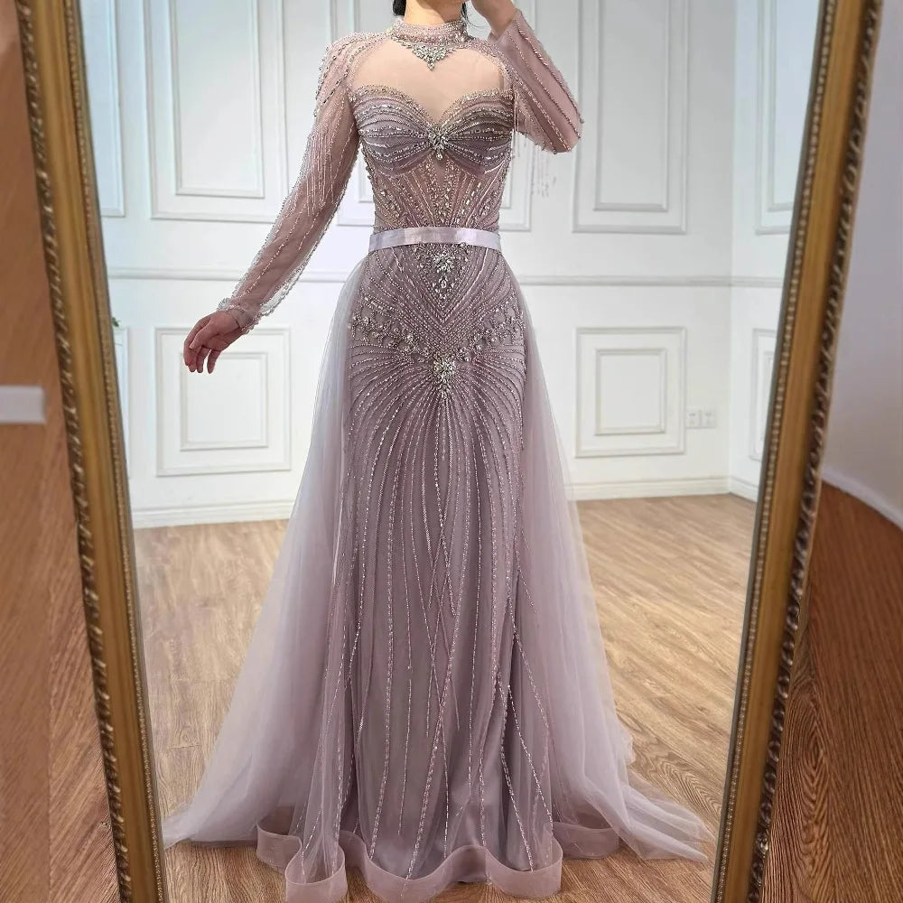 Luxury Nude Modest Beaded Evening Dress Long Sleeves With Overskirt LA72990