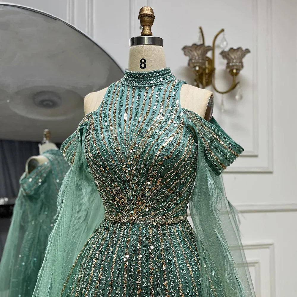 Serene Hill 2025 Arabic Turquoise Cape Sleeves A-Line Beaded Feathers Long Evening Gowns for Women Wedding Party LA72644