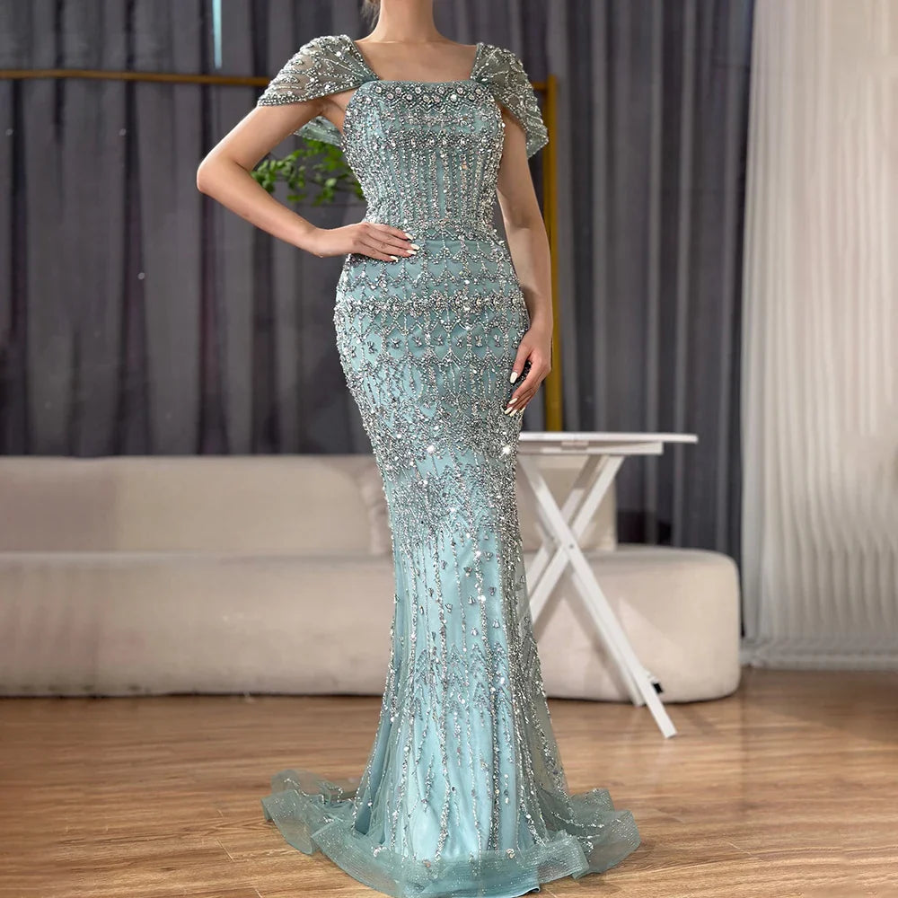 Luxury White Mermaid Beaded Evening Dress with Short Sleeves LA72714