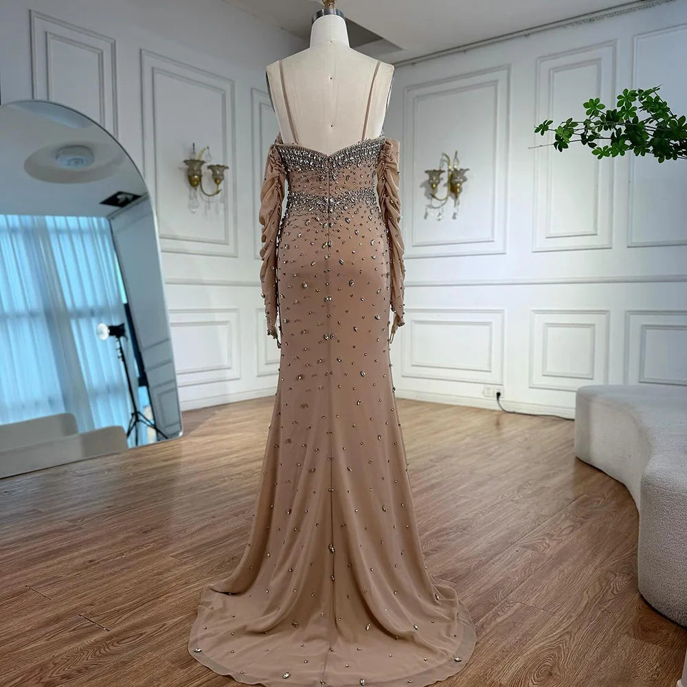 Luxury Nude Beaded Dress with Detachable Sleeves LA73065