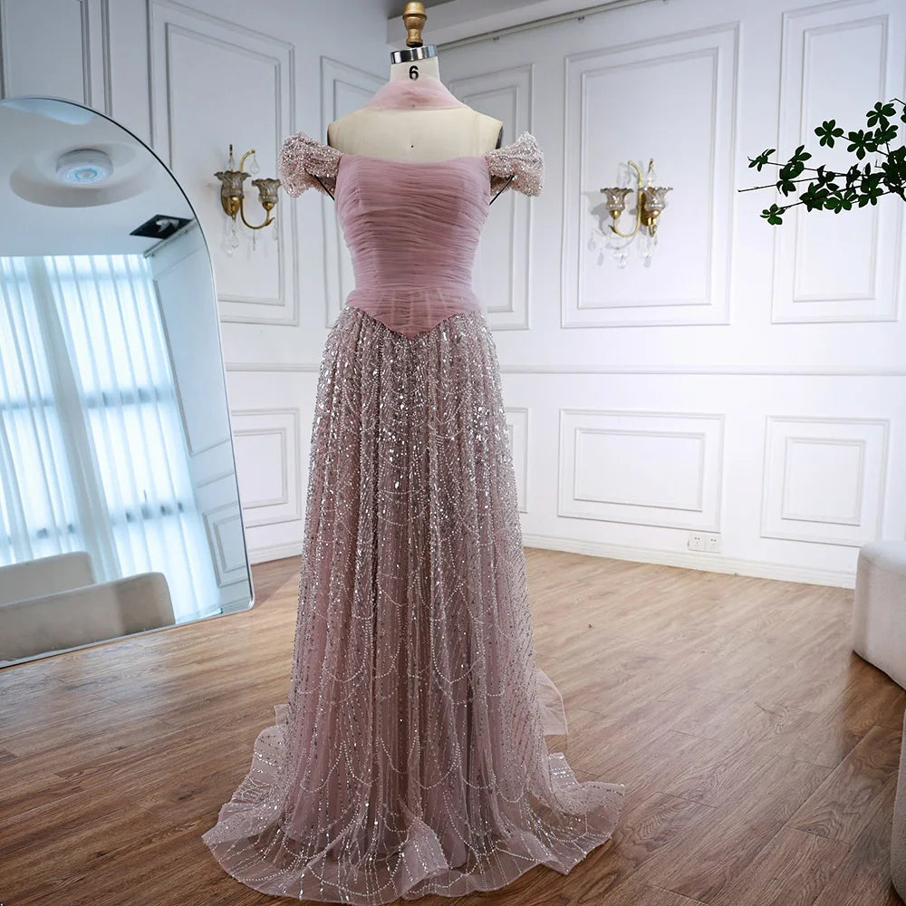 Luxury Arabic Pink Pearls Beaded Evening Dress With Cape LA72922