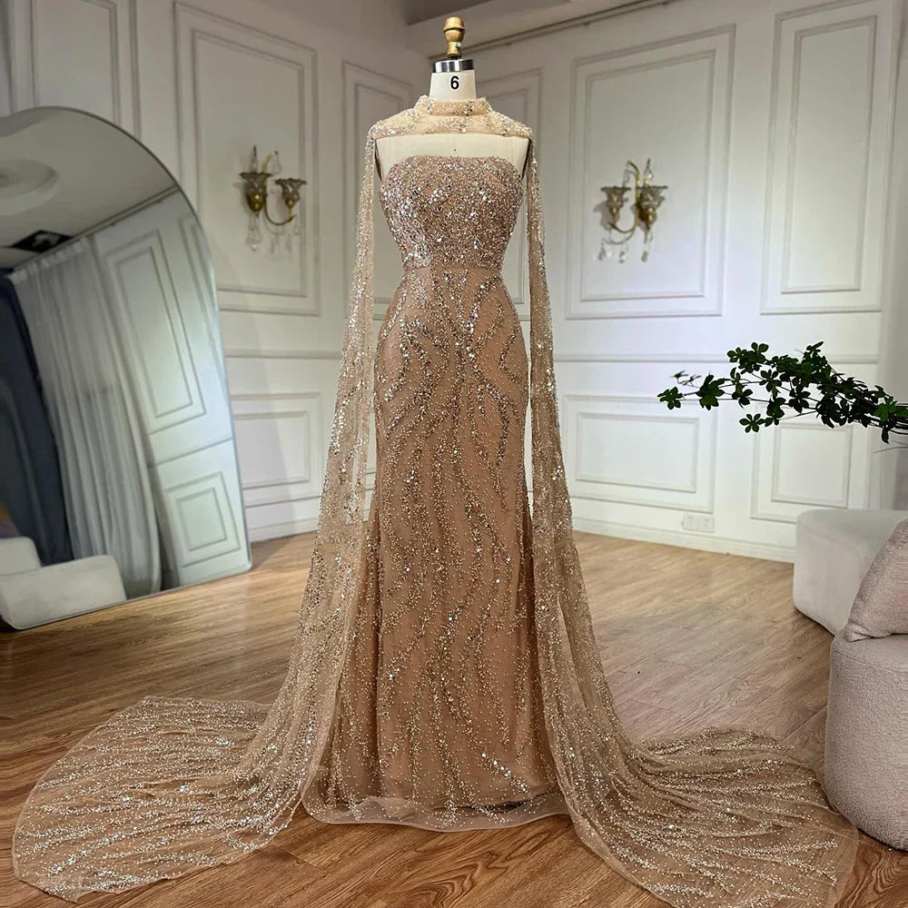 Luxury Nude Beaded Evening Dress with Cape Sleeves LA72824