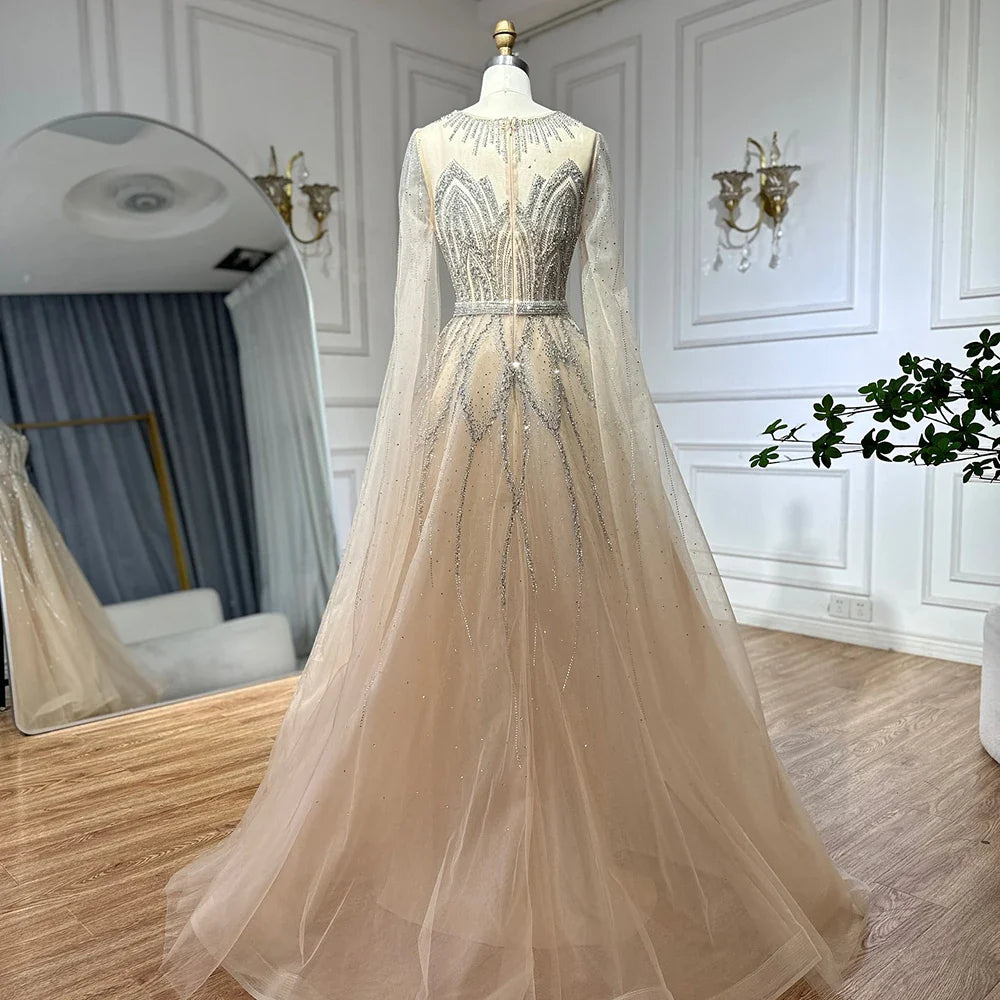 Luxury Dubai Nude Blue Elegant A-Line Beaded Long Arabic Evening Dresses Gowns with Cape Sleeves for Formal Occasion LA72785