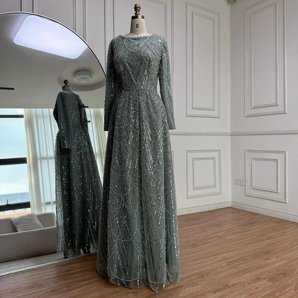 Luxury Olive Green Beaded A-Line Modest Evening Dress LA72738B